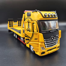 Load image into Gallery viewer, Explorafind 2023 Mercedes-Benz Actros Truck with Tilt Tray Yellow 1:24 Die Cast Truck