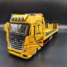 Load image into Gallery viewer, Explorafind 2023 Mercedes-Benz Actros Truck with Tilt Tray Yellow 1:24 Die Cast Truck