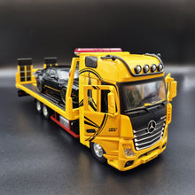 Load image into Gallery viewer, Explorafind 2023 Mercedes-Benz Actros Truck with Tilt Tray Yellow 1:24 Die Cast Truck