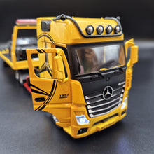 Load image into Gallery viewer, Explorafind 2023 Mercedes-Benz Actros Truck with Tilt Tray Yellow 1:24 Die Cast Truck