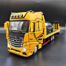Load image into Gallery viewer, Explorafind 2023 Mercedes-Benz Actros Truck with Tilt Tray Yellow 1:24 Die Cast Truck