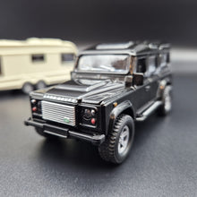 Load image into Gallery viewer, Explorafind 2012 Land Rover Defender with Caravan Black/Cream 1:32 Die Cast