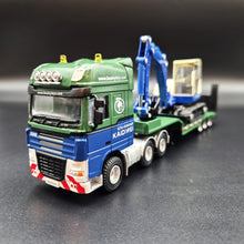 Load image into Gallery viewer, Explorafind 2011 DAF XF105 Style Low Loader Truck with Terex HR32 Excavator Blue/Green 1:50 Die Cast