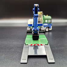 Load image into Gallery viewer, Explorafind 2011 DAF XF105 Style Low Loader Truck with Terex HR32 Excavator Blue/Green 1:50 Die Cast