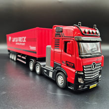 Load image into Gallery viewer, Explorafind 2022 Mercedes-Benz Actros Style Container Semi-Truck Red/Black 1:50 Die Cast