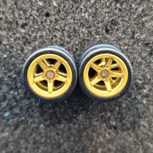Load image into Gallery viewer, 1:64 5 Spoke Satin Gold Wheel Set with Slick Rubber Tyres - Hot Wheels, Matchbox
