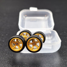 Load image into Gallery viewer, 1:64 5 Spoke Satin Gold Wheel Set with Slick Rubber Tyres - Hot Wheels, Matchbox