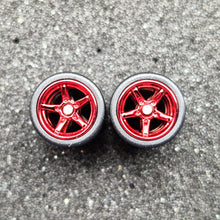Load image into Gallery viewer, 1:64 5 Spoke Red Chrome Wheel Set with Slick Rubber Tyres - Hot Wheels, Matchbox