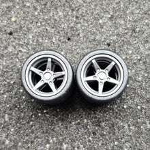 Load image into Gallery viewer, 1:64 5 Spoke Dark Grey Wheel Set with Slick Rubber Tyres - Hot Wheels, Matchbox