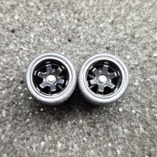 Load image into Gallery viewer, 1:64 6 Spoke Black Wheel Set with Grooved Rubber Tyres - Hot Wheels, Matchbox