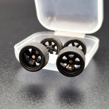 Load image into Gallery viewer, 1:64 6 Spoke Black Wheel Set with Grooved Rubber Tyres - Hot Wheels, Matchbox