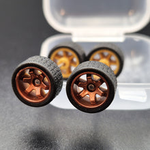 Load image into Gallery viewer, 1:64 6 Spoke Bronze Wheel Set with Grooved Rubber Tyres - Hot Wheels, Matchbox