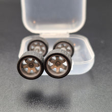 Load image into Gallery viewer, 1:64 6 Spoke Dark Grey Wheel Set with Grooved Rubber Tyres - Hot Wheels, Matchbox