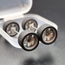 Load image into Gallery viewer, 1:64 6 Spoke Dark Grey Wheel Set with Grooved Rubber Tyres - Hot Wheels, Matchbox
