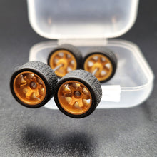 Load image into Gallery viewer, 1:64 6 Spoke Satin Gold Wheel Set with Grooved Rubber Tyres - Hot Wheels, Matchbox