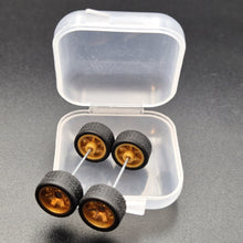 Load image into Gallery viewer, 1:64 6 Spoke Satin Gold Wheel Set with Grooved Rubber Tyres - Hot Wheels, Matchbox