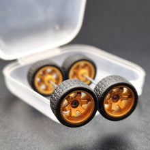 Load image into Gallery viewer, 1:64 6 Spoke Satin Gold Wheel Set with Grooved Rubber Tyres - Hot Wheels, Matchbox