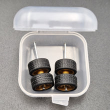 Load image into Gallery viewer, 1:64 6 Spoke Satin Gold Wheel Set with Grooved Rubber Tyres - Hot Wheels, Matchbox