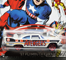 Load image into Gallery viewer, Hot Wheels 2016 '57 Plymouth Fury White Captain America 75th Anniversary 6/8 Long Card