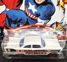 Load image into Gallery viewer, Hot Wheels 2016 '57 Plymouth Fury White Captain America 75th Anniversary 6/8 Long Card