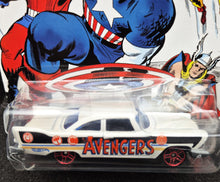 Load image into Gallery viewer, Hot Wheels 2016 '57 Plymouth Fury White Captain America 75th Anniversary 6/8 Long Card