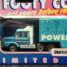 Load image into Gallery viewer, Matchbox 1995 Scania T142 Cargo Truck Aqua Blue Port Adelaide Power Footy Convoys
