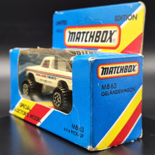 Load image into Gallery viewer, Matchbox 1985 4x4 Open Back Pickup Truck White MB63 Bob Jane T-Marts Limited Edition Boxed