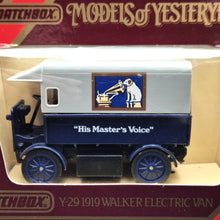 Load image into Gallery viewer, Matchbox 1919 Walker Electric Van His Masters Voice Dark Blue Models Of Yesteryear Y29-1 Boxed