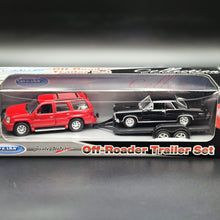 Load image into Gallery viewer, Welly 2002 Cadillac Escalade & 1965 Pontiac GTO Off-Roader Trailer Set Collection