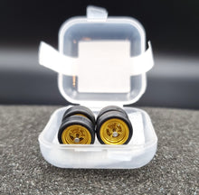 Load image into Gallery viewer, 1:64 4 Spoke Satin Gold Wheel Set with Rubber Tyres - Hot Wheels, Matchbox