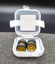Load image into Gallery viewer, 1:64 10 Spoke Satin Gold Wheel Set with Rubber Tyres - Hot Wheels, Matchbox