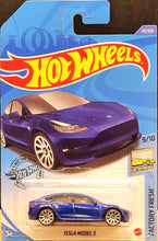 Load image into Gallery viewer, Hot Wheels 2020 Tesla Model 3 Deep Blue #112 Factory Fresh 9/10 New Long Card