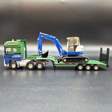 Load image into Gallery viewer, Explorafind 2011 DAF XF105 Style Low Loader Truck with Terex HR32 Excavator Blue/Green 1:50 Die Cast
