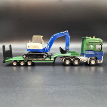 Load image into Gallery viewer, Explorafind 2011 DAF XF105 Style Low Loader Truck with Terex HR32 Excavator Blue/Green 1:50 Die Cast
