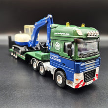 Load image into Gallery viewer, Explorafind 2011 DAF XF105 Style Low Loader Truck with Terex HR32 Excavator Blue/Green 1:50 Die Cast
