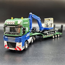 Load image into Gallery viewer, Explorafind 2011 DAF XF105 Style Low Loader Truck with Terex HR32 Excavator Blue/Green 1:50 Die Cast
