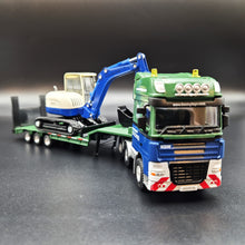 Load image into Gallery viewer, Explorafind 2011 DAF XF105 Style Low Loader Truck with Terex HR32 Excavator Blue/Green 1:50 Die Cast
