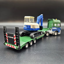 Load image into Gallery viewer, Explorafind 2011 DAF XF105 Style Low Loader Truck with Terex HR32 Excavator Blue/Green 1:50 Die Cast
