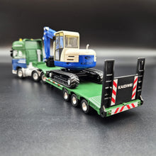 Load image into Gallery viewer, Explorafind 2011 DAF XF105 Style Low Loader Truck with Terex HR32 Excavator Blue/Green 1:50 Die Cast
