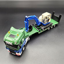 Load image into Gallery viewer, Explorafind 2011 DAF XF105 Style Low Loader Truck with Terex HR32 Excavator Blue/Green 1:50 Die Cast
