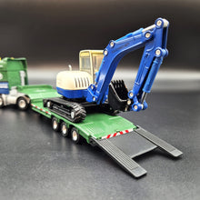 Load image into Gallery viewer, Explorafind 2011 DAF XF105 Style Low Loader Truck with Terex HR32 Excavator Blue/Green 1:50 Die Cast
