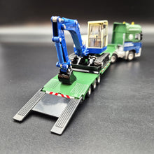 Load image into Gallery viewer, Explorafind 2011 DAF XF105 Style Low Loader Truck with Terex HR32 Excavator Blue/Green 1:50 Die Cast
