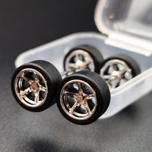 Load image into Gallery viewer, 1:64 5 Spoke Chrome Wheel Set with Slick Rubber Tyres - Hot Wheels, Matchbox
