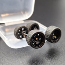 Load image into Gallery viewer, 1:64 6 Spoke Black Wheel Set with Grooved Rubber Tyres - Hot Wheels, Matchbox
