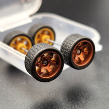 Load image into Gallery viewer, 1:64 6 Spoke Bronze Wheel Set with Grooved Rubber Tyres - Hot Wheels, Matchbox
