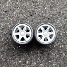 Load image into Gallery viewer, 1:64 6 Spoke Silver Wheel Set with Grooved Rubber Tyres - Hot Wheels, Matchbox
