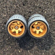 Load image into Gallery viewer, 1:64 6 Spoke Satin Gold Wheel Set with Grooved Rubber Tyres - Hot Wheels, Matchbox
