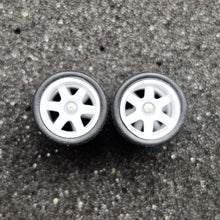 Load image into Gallery viewer, 1:64 6 Spoke White Wheel Set with Grooved Rubber Tyres - Hot Wheels, Matchbox
