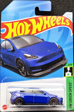 Load image into Gallery viewer, Hot Wheels 2024 Tesla Model Y Blue #15 HW Green Speed 3/10 New Long Card
