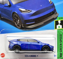 Load image into Gallery viewer, Hot Wheels 2024 Tesla Model Y Blue #15 HW Green Speed 3/10 New Long Card
